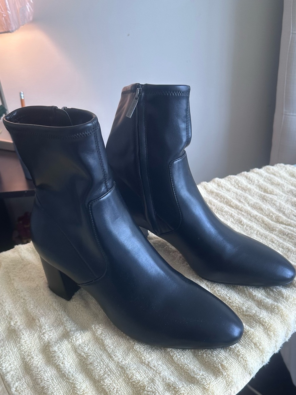 Anne Klein Black Leather Ankle Booties with Block Heel never worn